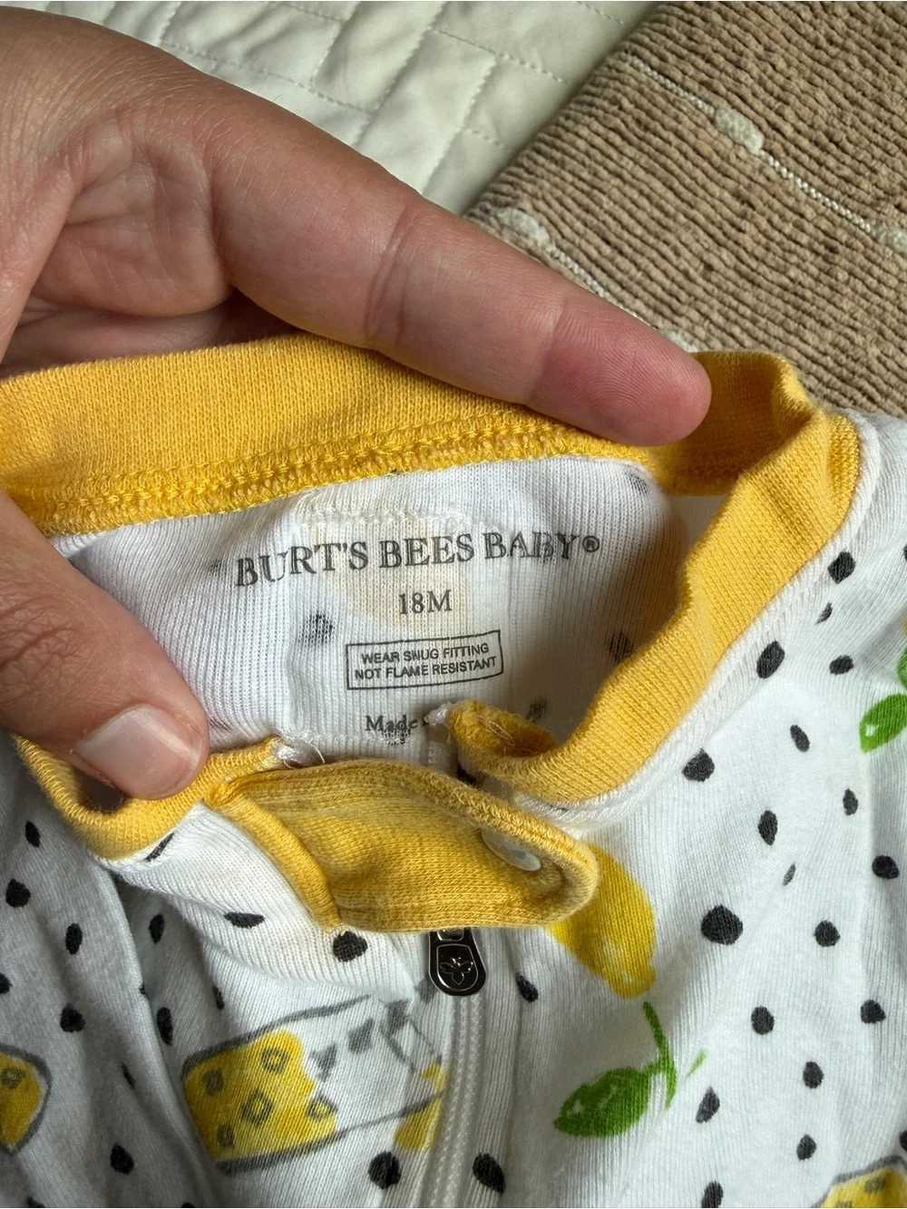Burt's Bees Baby White Lemon Print Zip Front Footie with Yellow Trim